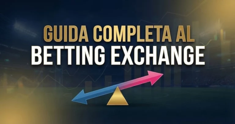 Banner con titolo "Guida Completa al Betting Exchange" su sfondo blu scuro e oro. Al centro, una grafica stilizzata con frecce azzurre (Punta) e rosa (Banca) in equilibrio, simbolo del trading sportivo.