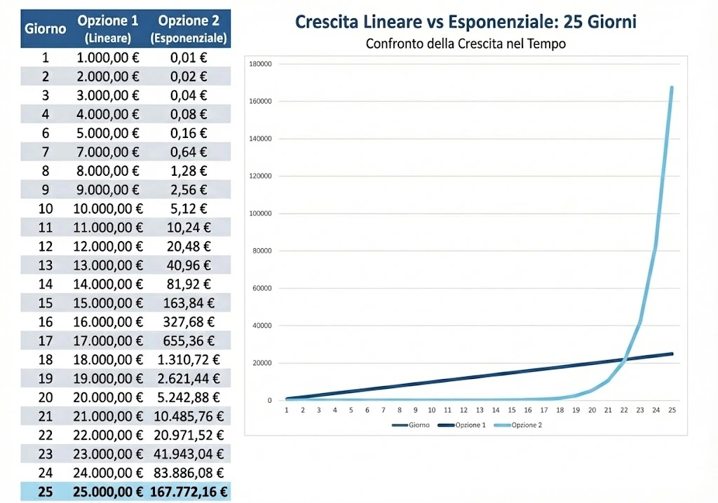 Grafico confronto interesse composto vs crescita lineare: differenza di profitto tra stake fisso e stake proporzionale nel betting.