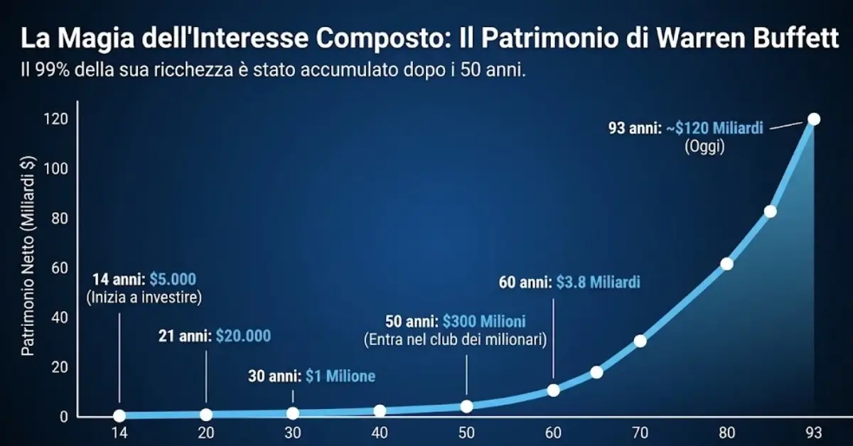 Grafico del patrimonio netto di Warren Buffett diviso per età: dimostrazione visiva della curva esponenziale dell'interesse composto.