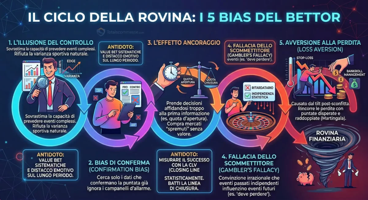 Infografica che illustra i 5 errori cognitivi nelle scommesse sportive: illusione del controllo, bias di conferma, ancoraggio, gambler's fallacy e avversione alla perdita.